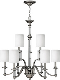 Sussex Two Tier Chandelier With Fabric Cylinder Shades in Brushed Nickel.